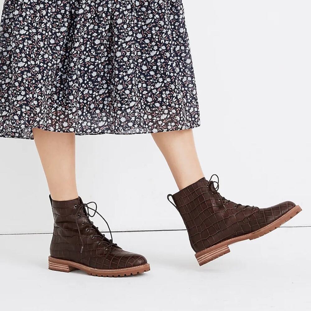 Madewell | Women’s The Clair Lace-Up Boot Croc Embossed Leather Brown Textured 8